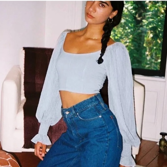 Urban Outfitters Cynthia Clip Dot Sleeve Top Sky Blue Small Puff Ruffle Sleeve - Picture 1 of 9